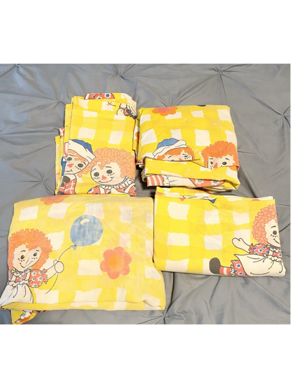 Vintage Raggedy Ann & Andy Twin Sheet Set 4 Pc Bobbs Merrill Yellow USA